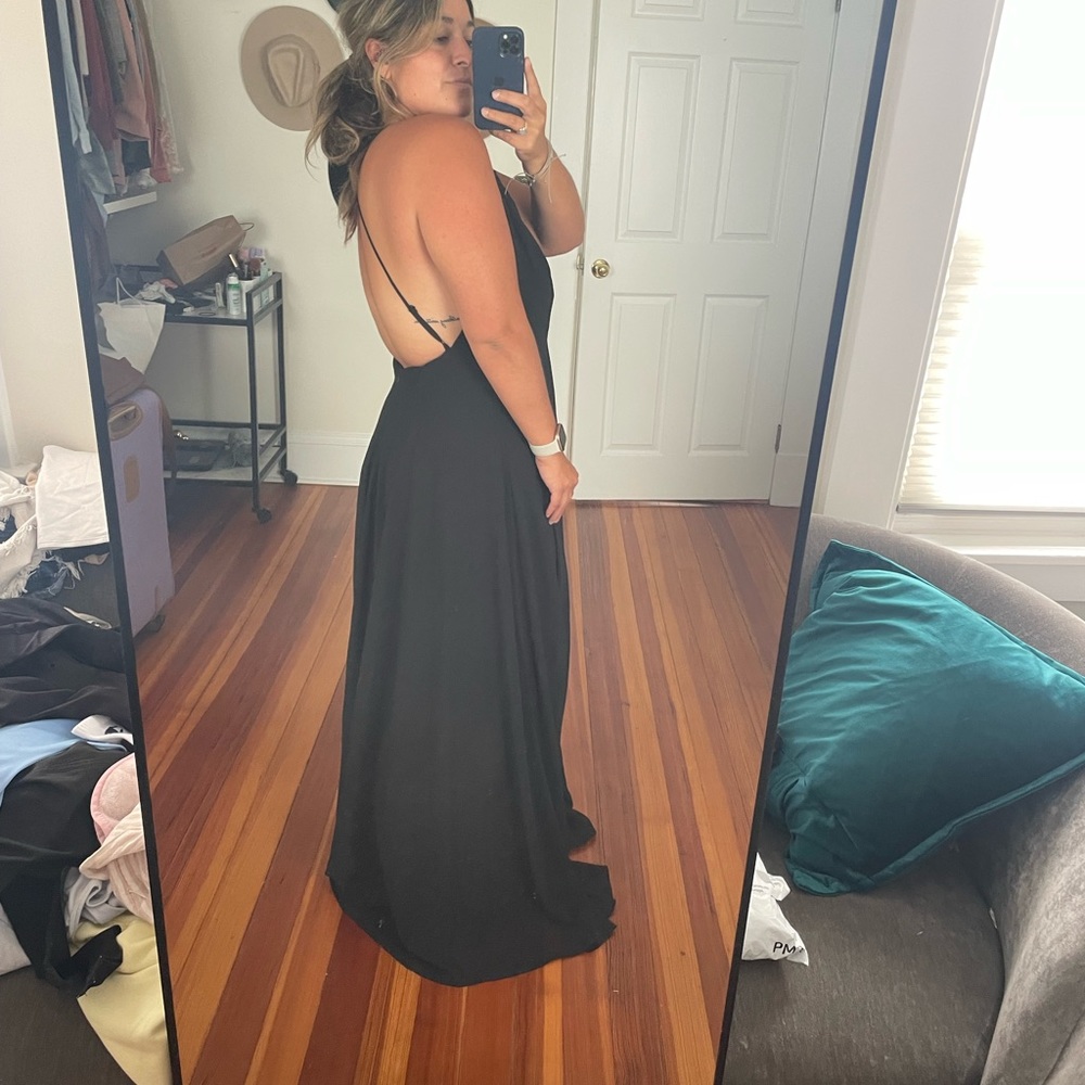 LULUs black mystical wedding guest dress.